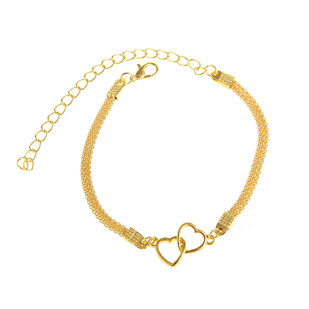 Double Chain Ankle Bracelet Gold Tone Heart Charm Anklet